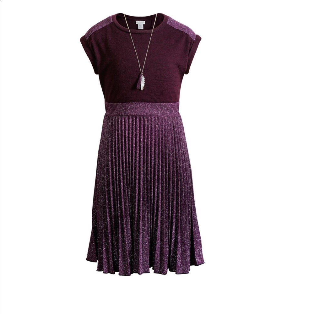 Emily West Glitter Pleated Knit Dress w/ Necklace
